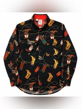 Vintage Roper Cowboy Boot Western Button Up Shirt Black Novelty Print Large